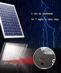 Spot Lighting Led Solar Flood Lights Outdoor, 272 LEDs 120W 8000 Lumen, with solar panel and bright LED light under rain.