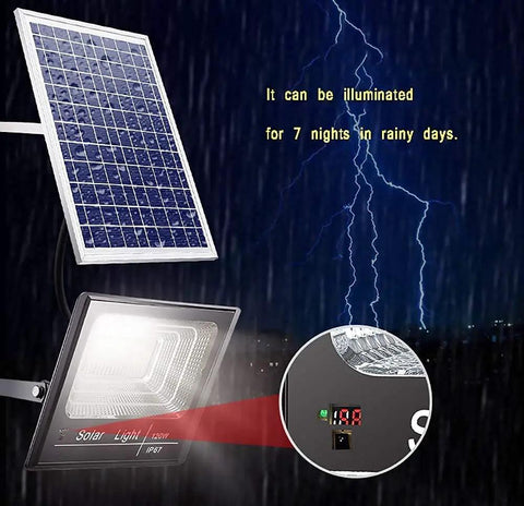Spot Lighting Led Solar Flood Lights Outdoor, 272 LEDs 120W 8000 Lumen, with solar panel and bright LED light under rain.