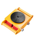 Heavy Duty 6-Ton Machinery Skate Dolly With 360-Degree Rotating Industrial Mover, 13228 Lbs Load Capacity, PU Rollers, Bright Yellow Workhorse For Easy, Secure Heavy Equipment Transport. Top view of yellow machinery skate dolly with black swivel pad and red PU rollers.