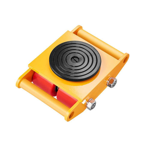 Heavy Duty 6-Ton Machinery Skate Dolly With 360-Degree Rotating Industrial Mover, 13228 Lbs Load Capacity, PU Rollers, Bright Yellow Workhorse For Easy, Secure Heavy Equipment Transport. Top view of yellow machinery skate dolly with black swivel pad and red PU rollers.