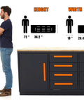 Heavy Duty Garage Cabinet Workbench With Solid Wood Top, Rock Solid Steel Tool Station Built Like A Tank For Hand Tools And Hardware, Ridiculously Strong Shop Desk dimensions shown with side profile