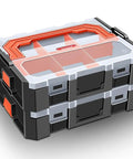 Six Compartment Small Parts Organizer With Stackable Design And Removable Dividers For Hardware, clear case, front view