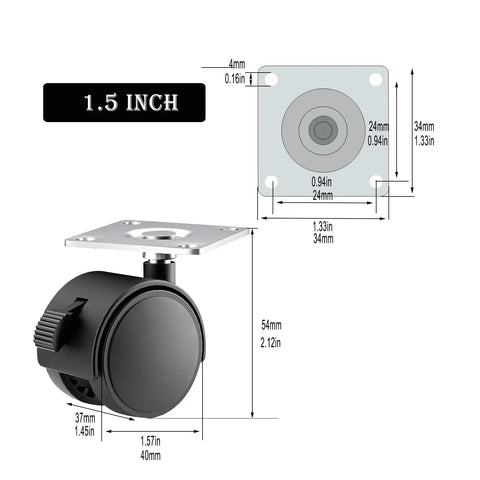 1.5 Inch Swivel Plate Caster With Brake, Heavy Duty 5 Pack, Nylon Small Caster Wheels dimensions with brake detail