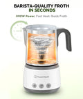 4 In 1 Barista Quality Electric Milk Frother And Steamer With 16.9 Ounce Capacity 600W Power Smart Touch Control shown frothing milk