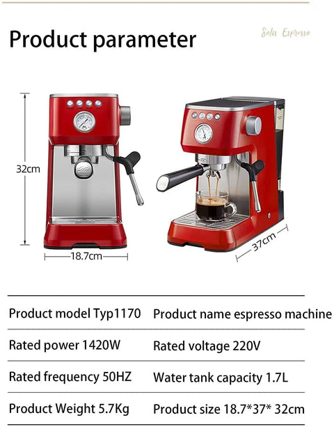 Espresso Machine With Milk Frother For Lattes And Cappuccinos, Home Office Coffee Maker With 1.7 Liter Water Tank, Glass Carafe