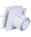 Side view of 4 Inch Exhaust Fan For Bathroom and Kitchen Ventilation, Wall or Window Mount, showing dimensions and fan design.