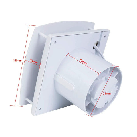 Side view of 4 Inch Exhaust Fan For Bathroom and Kitchen Ventilation, Wall or Window Mount, showing dimensions and fan design.