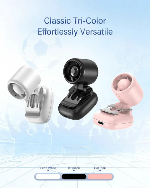 Featherlight Clip On Fan For Outdoor Cooling On The Go, ultra lightweight 2oz tri-color in pearl white, jet black, hot pink