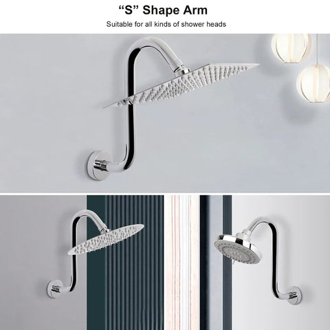 S Shaped Shower Arm Riser Extender with Flange for One Half Inch Connection Ten Inch Chrome Bathroom Accessory on wall