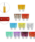 100 Piece Standard Blade Fuse Kit For Auto And Marine, 5A To 50A Assortment, 10 Pieces Each, colored fuses laid out with close-ups