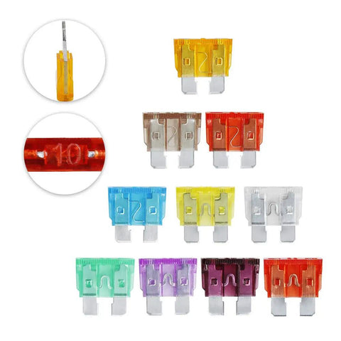 100 Piece Standard Blade Fuse Kit For Auto And Marine, 5A To 50A Assortment, 10 Pieces Each, colored fuses laid out with close-ups