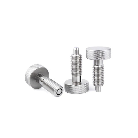Top Shelf Premium Heavy Duty M10 Stainless Steel Spring Plungers With Textured Knurled Grip And Quick Release Locking System For Rock Solid Industrial Hardware Built Tough, showcasing various angles.