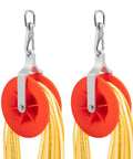 No Hassle Cable Pulley Kit For Low Voltage Network Wiring, Smooth Sailing Routing For Cat5e And Cat6 Coax Fire Alarm Security Lines Through Tight Walls Without Drag Or Knots, Handy Dual Wheel Guide Pack, showing dual-wheel design with orange pulleys.