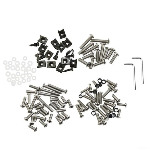 Complete Fairing Bolt Kit For ZX6R 636 ZX6RR Sportbike Track Pack 155 Piece Stainless Steel Hardware Set With Socket Head Bolts Flange Bolts Washers Windshield Fasteners And Two Wrench Tools For A Slick Factory Quality Fit. stainless steel bolts, washers, and fasteners laid out