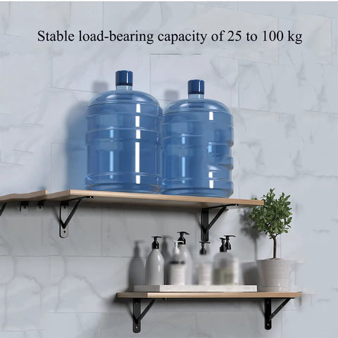 Badass Heavy Duty Shelf Brackets Wall Mount 90 Degree Corner Bracket Pair With Heavy Gusset Built To Handle 220 lbs shown supporting shelves.
