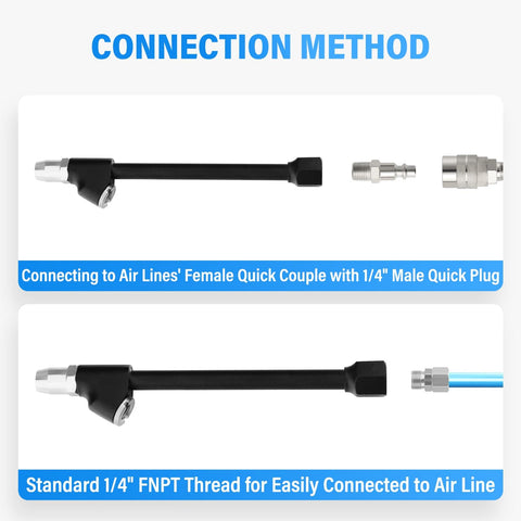 Dual Head Air Chuck Set With One Quarter Inch FNPT, 2 Way Connection Brass Tire Chuck with black finish showing connection method