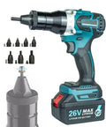 Pro Level Cordless Rivet Nut Gun With Brushless Motor And Lightning Fast Three Second Pull For Auto Shop And Rv Work Featuring Slick Ergonomic Handle And M3 To M12 Compatibility, showing gun and attachments.