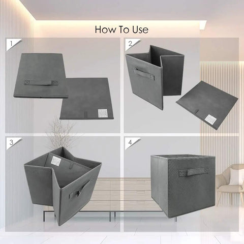 Four-step assembly of Three Pack Cube Storage Bins 9.0x7.5x7.5 Inches Foldable Fabric Closet Organizer Collapsible Toy Bins Gray