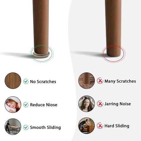 Comparison of furniture leg with and without sliders showing benefits of 24 Pack Self Stick Appliance Sliders For Kitchen Gear No Sweat One And A Quarter Inch Furniture Sliders With Mega Adhesive For Carpeted Floors Easy Glide And Space Saving Move Furniture Smoothly And Keep Floors Flawless on left side