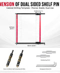 Pro Grade Shelf Pin Jig With Self Centering Drill Bits For One Quarter Inch And Five Millimeter Pins, Fits 32mm System, Adjustable Cabinet Hole Drilling Template With Seventeen Hole Rows For Accurate Woodworking shown with dimensions and components.