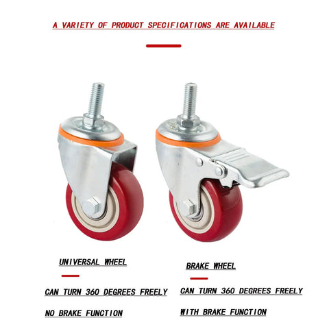 Heavy Duty 4 Inch Red Swivel Casters, M16 Threaded Stem Polyurethane Wheel Pack For Furniture, Appliances And Tool Cabinets, Roll True And Glide Slick, featuring swivel and brake options.