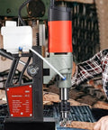 Heavy Duty 1200W Magnetic Drill Press Rock Solid Electric Mag Bench Tapping Rig drilling into steel surface with precision.