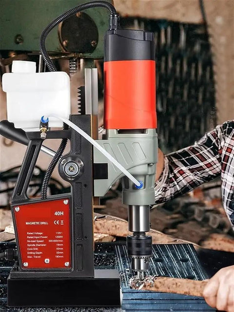 Heavy Duty 1200W Magnetic Drill Press Rock Solid Electric Mag Bench Tapping Rig drilling into steel surface with precision.