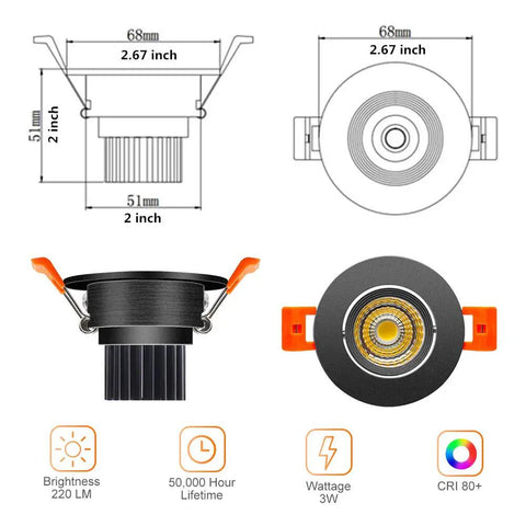 2 Inch LED Dimmable Downlight With 3W COB, Recessed Ceiling Light, Warm White 3000K-3500K, CRI80, Black Trim, energy-efficient design