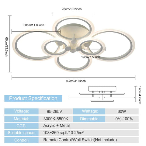 Diagram of Dope Modern LED Ceiling Light Fixture With 6 Adjustable Ring Design, dimensions and specifications listed