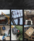 Remotely Controlled Portable Electric Winch Engine Hoist lifting various items including a cart, appliances, and boxes.