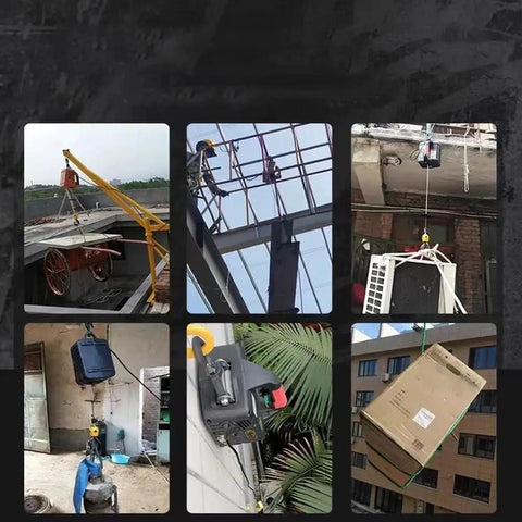 Remotely Controlled Portable Electric Winch Engine Hoist lifting various items including a cart, appliances, and boxes.