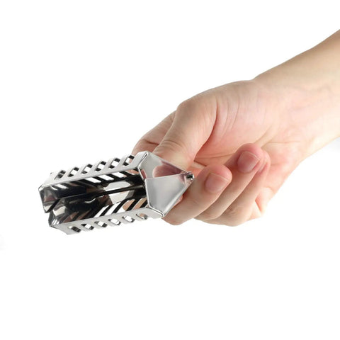 Hand holding one Queen Bee Cage Catcher Clips Set in Stainless Steel Three Pack Beekeeping Tool, showcasing easy grip and safe handling.
