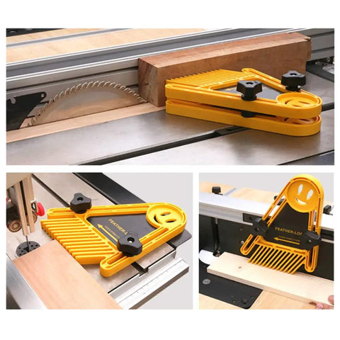 Extended Double Feather Loc Board Set For Router Tables And Table Saw Fences with technopolymer grip and angled press pads in action.