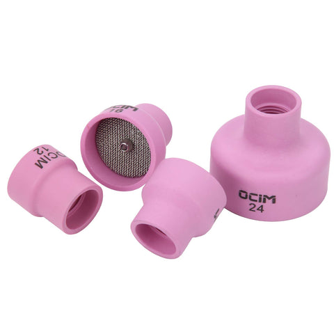 Ceramic Welding Cup Set With No 12 No 14 No 16 No 24 Cups 0.1 Inch Thick Alumina Gas Lens Kit visible in four pink cups.