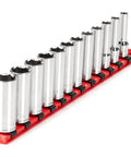 Three Eighth Inch Drive Deep Six Point Socket Set With Rail, 12 Piece, Includes 8 To 19 mm Sockets on a red rail