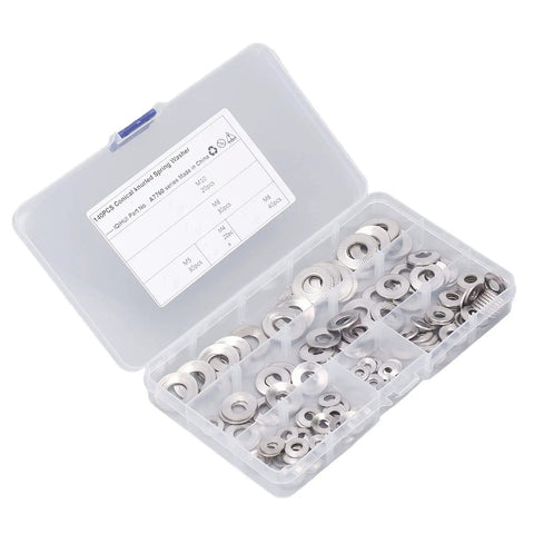 Stainless Steel Knurled Conical Spring Washer Kit, 140 Pieces, Includes M4 M5 M6 M8 M10 Sizes, Serrated And Durable, Organized Storage Box open