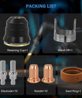 Packing list of Premium 23Pcs Loner Plasma Consumables Kit for Cutting Torch 040 Inch Nozzle and Swirl Ring includes various components.