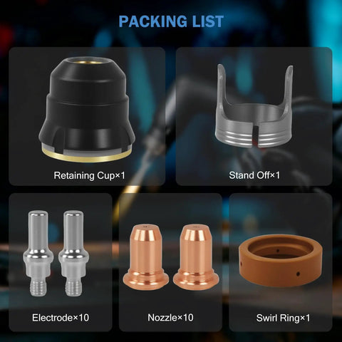 Rock Solid 23 Piece IPL60 Plasma Cutter Torch Consumables Set for Cut55 MP Cut60 with retaining cup, electrodes, nozzles, and swirl ring.