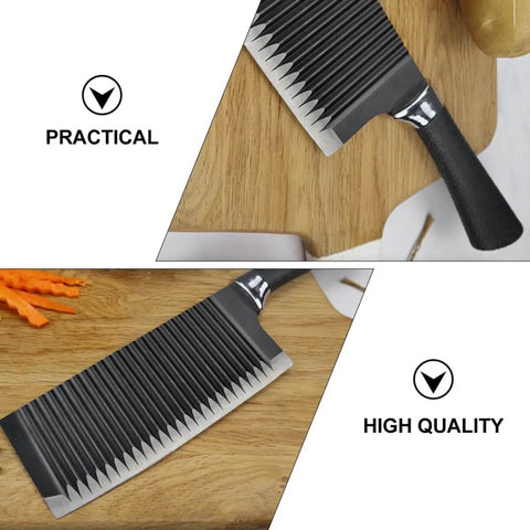 Ciieeo stainless steel crinkle potato cutter with black handle, wavy blade on wooden cutting board