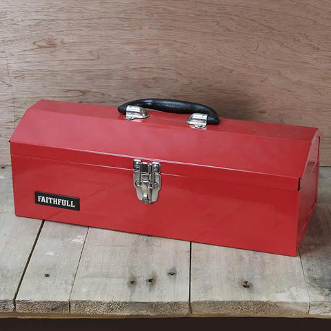Nineteen Inch Heavy Gauge Steel Barn Tool Box With Padlock Clip Lock And Sturdy Carry Handle Includes Bonus Tote Tray For Shed Garage Badass Shop Workhorse on wooden surface.