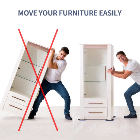 No Sweat Heavy Duty Furniture Movers Sliders 8 Pack For Carpet And Hardwood Floors oval glides shown helping move furniture easily.