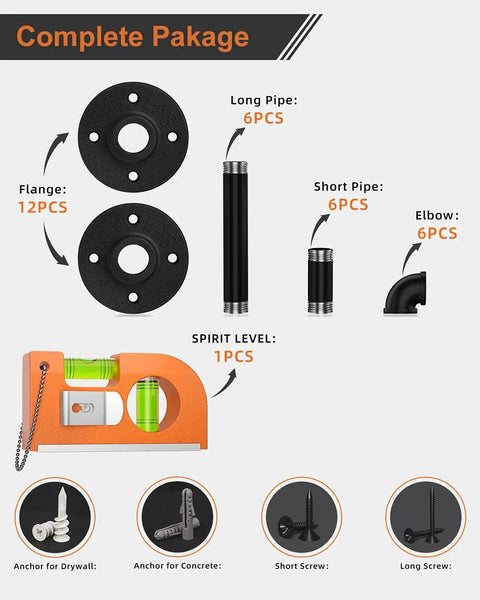 Pipe Shelf Brackets For DIY Floating Shelves 8 To 14 Inch Industrial Iron Pipe Brackets Heavy Duty Metal Shelving Black 6 Pack Package Contents