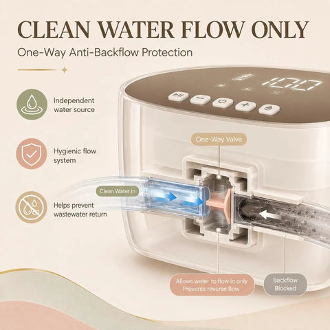 Close-up of Electric Enema Kit With Dual Nozzles And 100 Level Pressure Control Coffee Enema showing one-way valve and water flow.