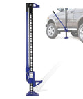 Beefy 3 Ton Farm Jack With 48 Inch Lift For Trucks UTVs And ATVs, Off Road Rescue And Garage Work, Ratcheting High Lift Utility Jack, Wear Resistant Portable Design In Blue shown with a vehicle.