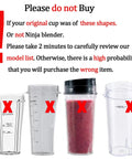 Four incompatible blender cups with red 'X' mark, not fitting the 32oz Blender Cup With Sip And Seal Lid Replacement For Auto IQ Series.