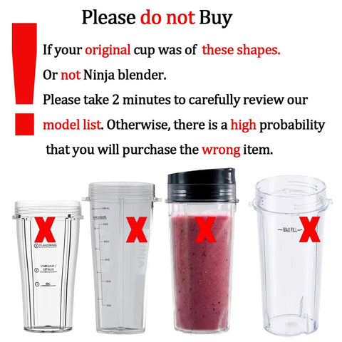 Four incompatible blender cups with red 'X' mark, not fitting the 32oz Blender Cup With Sip And Seal Lid Replacement For Auto IQ Series.