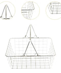 Heavy Duty Iron Shopping Basket With Cushioned Ergonomic Handle Straight Up Durable Grocery Tote For Home Market And Kitchen Runs No Sweat Heavy Load Errand Caddy, silver wire basket with sturdy handle.