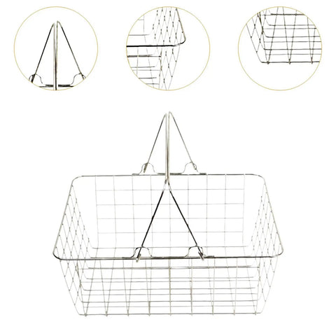 Heavy Duty Iron Shopping Basket With Cushioned Ergonomic Handle Straight Up Durable Grocery Tote For Home Market And Kitchen Runs No Sweat Heavy Load Errand Caddy, silver wire basket with sturdy handle.