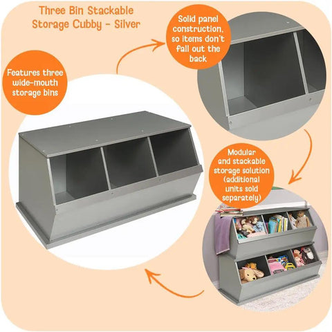 Stackable 3 Bin Storage Cubby For Toys And Crafts, Wide Mouth Bins, No Fuss Expandable Design, Solid Panel Construction, Silver Finish