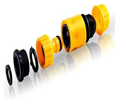 Premium Garden Hose Connector Kit With Quick Connect Repair Fitment For 12 16 And 25 Mm Pipes Including 1 2 5 8 And 1 Inch Sizes Made With Durable Plastic In Bright Yellow And Gray For Easy Plumbing Fixups exploded view